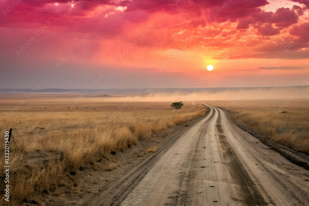 Fototapeta premium Serene Sunset Over Dusty Road in Expansive Grassland Landscape with Vibrant Sky and Scenic Nature Viewpoint at Dusk