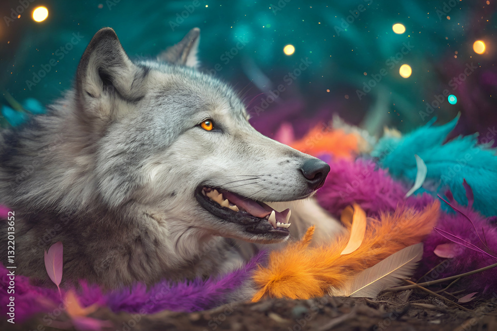 Obraz premium Majestic Gray Wolf Resting Amidst Colorful Feathers and Sparkling Lights in Enchanted Forest Setting