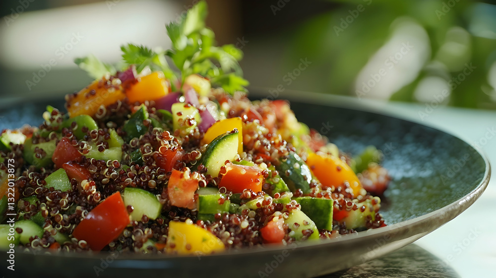Colorful quinoa and vegetable salad displayed on a plate Colorful quinoa and vegetable salad displayed on a plate