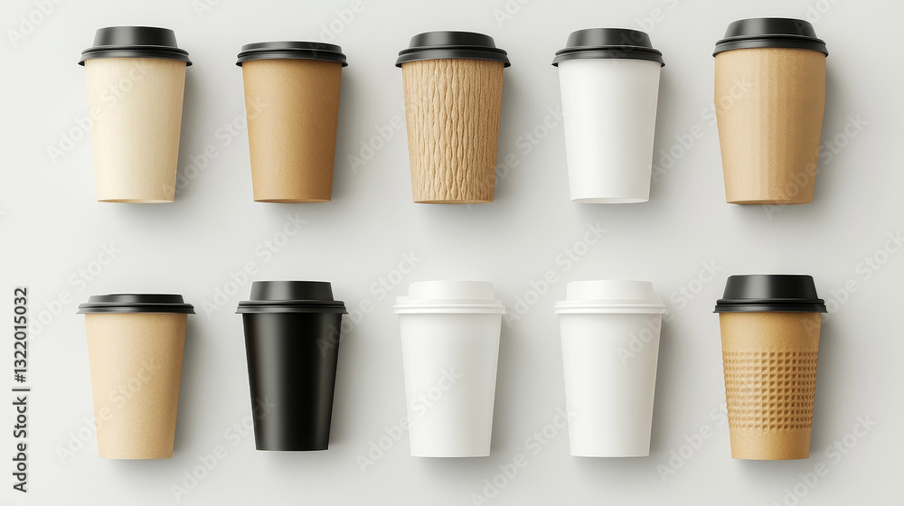 Coffee to go cup. Paper cappuccino cups top and side view. Hot americano, espresso and latte in cardboard takeaway package mockup vector set. Illustration cappuccino hot, coffee beverage Coffee to go cup. Paper cappuccino cups top and side view. Hot americano, espresso and latte in cardboard takeaway package mockup vector set. Illustration cappuccino hot, coffee beverage