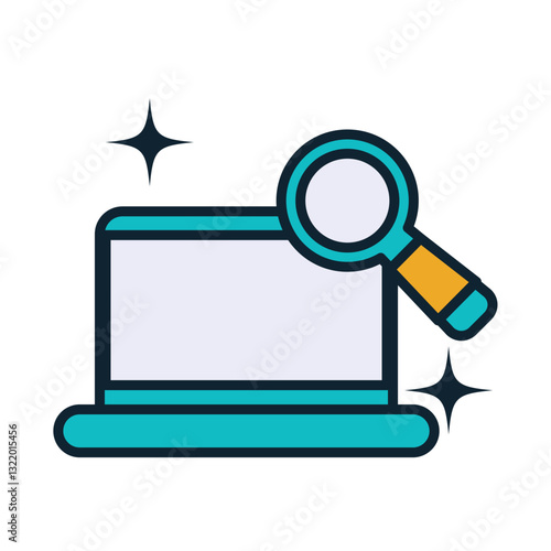 Vector Illustration of a Laptop with Magnifying Glass – Digital Search and Online Research Icon Representing Web Exploration and Data Analysis