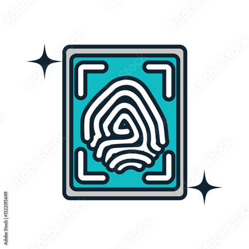 Vector illustration of a fingerprint scan icon with sparkle effects representing biometric authentication, digital identity verification, and secure access technology