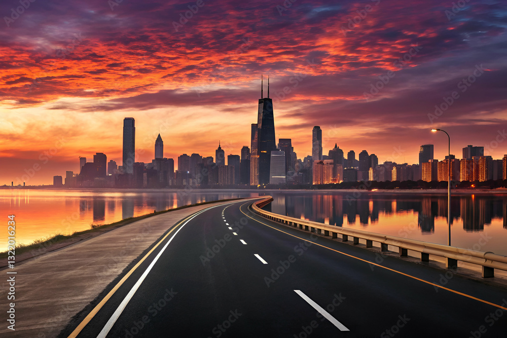 Obraz premium Scenic Sunset View of a Winding Road Leading Towards a Vibrant City Skyline Reflected in the Water Under a Colorful Sky