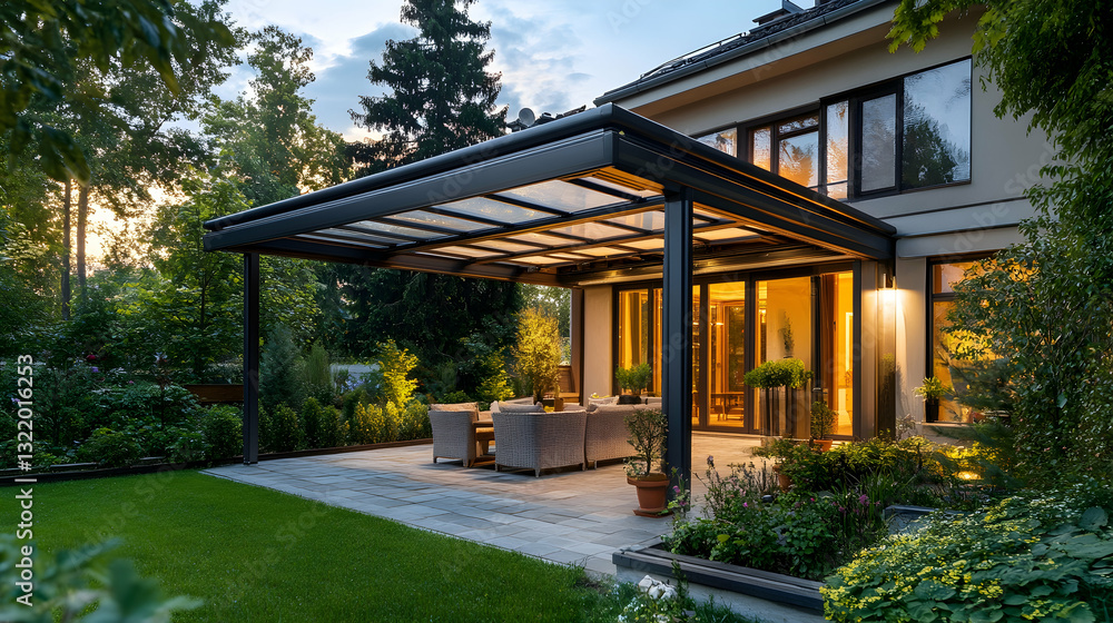 Cozy outdoor pergola with a sleek glass roof, nestled in a lush garden beside a charming home Cozy outdoor pergola with a sleek glass roof, nestled in a lush garden beside a charming home