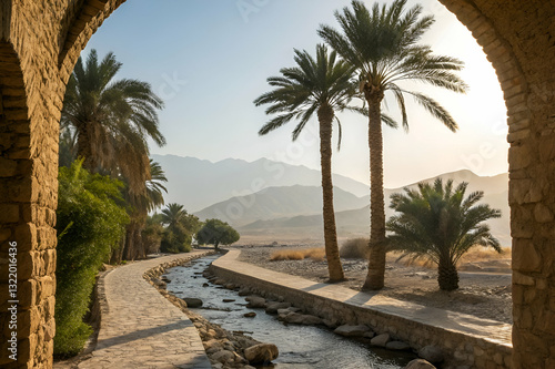 Tranquil pathway with palm trees and river flowing through rocky terrain under a bright blue sky in a scenic desert landscape during golden hour