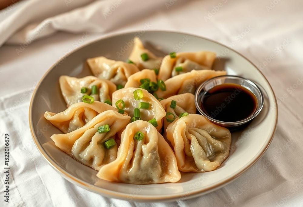 Pan-fried dumplings with soy sauce and green onions Pan-fried dumplings with soy sauce and green onions
