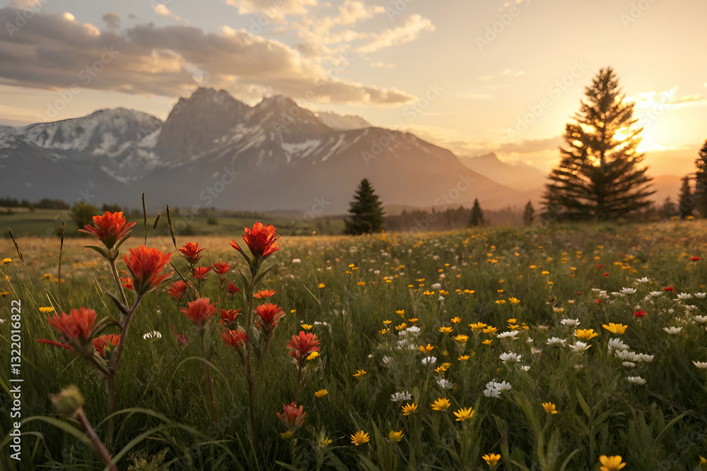 Vibrant Wildflowers in a Breathtaking Mountain Landscape at Sunset with Golden Skies and Majestic Peaks in the Background