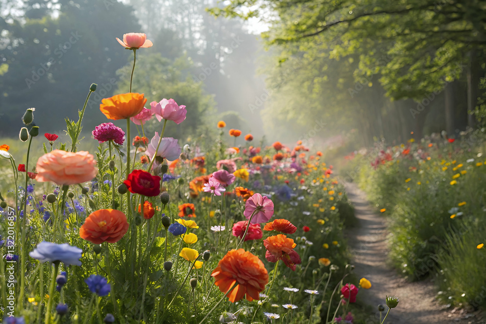 Colorful Spring Landscape with Blooming Flowers and Soft Morning Light Illuminating a Serene Pathway through a Verdant Garden Scene