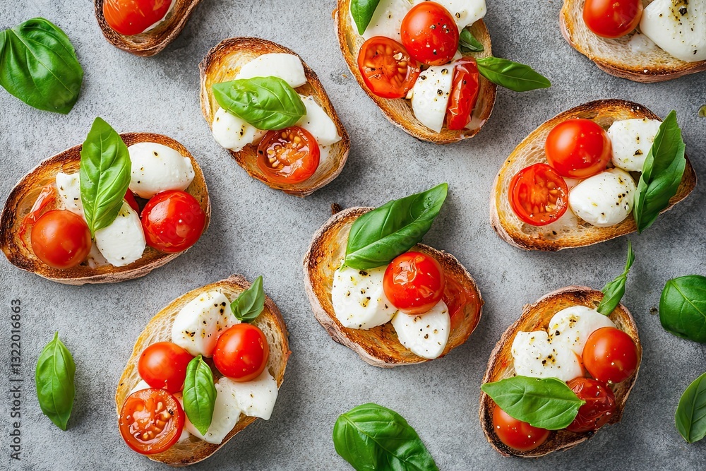 Caprese toasts with mini mozzarella, cherry tomatoes and basil, top view. on concrete background. Caprese toasts with mini mozzarella, cherry tomatoes and basil, top view. on concrete background.