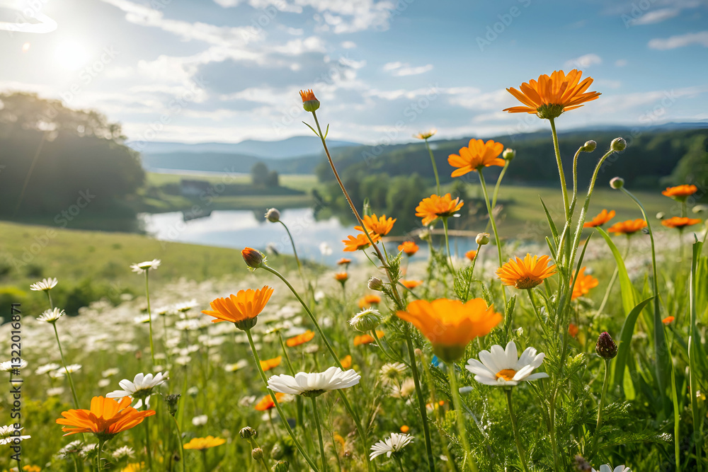Vibrant Wildflowers Blooming in Meadow with Scenic Lake and Blue Sky near Mountains, Capturing the Essence of Springtime Beauty and Tranquility