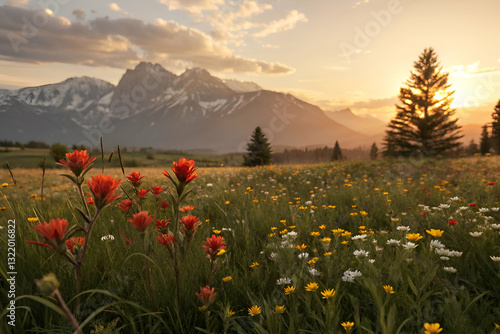 Obraz na płótnie Vibrant Wildflowers in a Breathtaking Mountain Landscape at Sunset with Golden Skies and Majestic Peaks in the Background w salonie