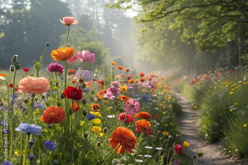 Obraz na płótnie Colorful Spring Landscape with Blooming Flowers and Soft Morning Light Illuminating a Serene Pathway through a Verdant Garden Scene w salonie