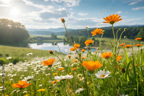 Obraz na płótnie Vibrant Wildflowers Blooming in Meadow with Scenic Lake and Blue Sky near Mountains, Capturing the Essence of Springtime Beauty and Tranquility w salonie