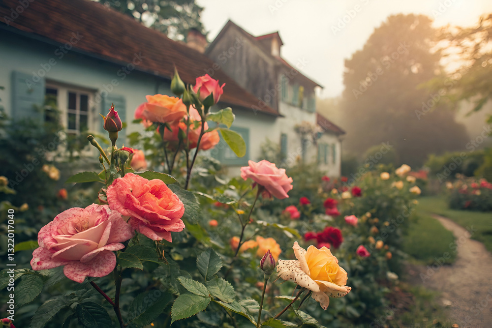 Misty Morning in a Beautiful Flower Garden Featuring Colorful Roses in Bloom Near a Quaint Cottage Surrounded by Lush Greenery and Soft Light