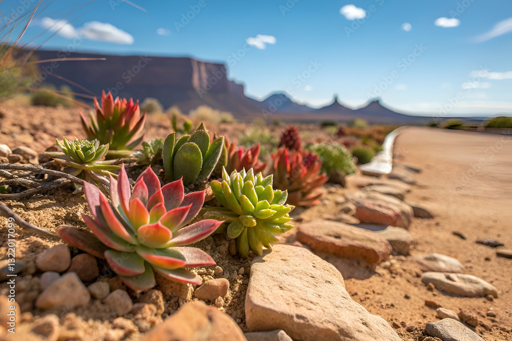 Vibrant Succulent Plants in Desert Landscape with Mountain View under Clear Blue Sky on a Sunny Day in Natural Habitat