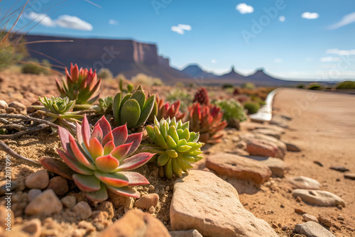 Obraz na płótnie Vibrant Succulent Plants in Desert Landscape with Mountain View under Clear Blue Sky on a Sunny Day in Natural Habitat w salonie