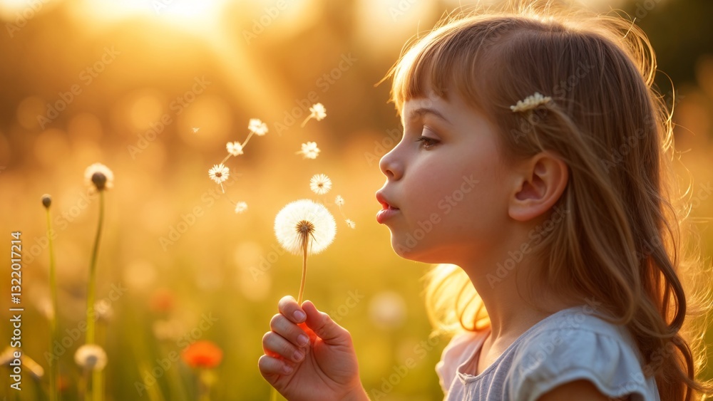 A little girl blowing on a dandelion in a field of flowers. A little girl blowing on a dandelion in a field of flowers.