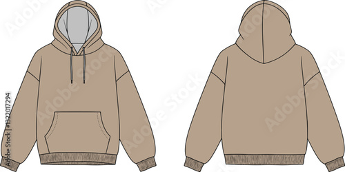 Oversized Hoodie Vector Template (Front & Back), Hoodie Flat Sketch - Front and Back View, Technical Drawing - Pullover Hoodie, Hooded Sweatshirt Vector Outline