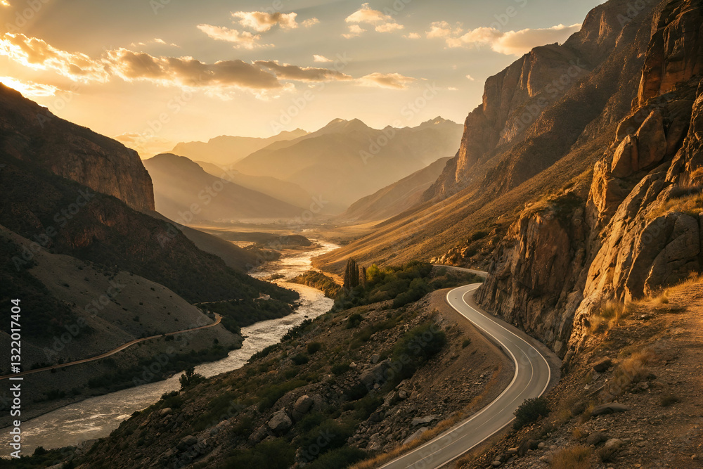 Serene Mountain Road Winding Through Valley at Sunset with River Flowing Beneath and Majestic Peaks in Background, Captivating Landscape Scene