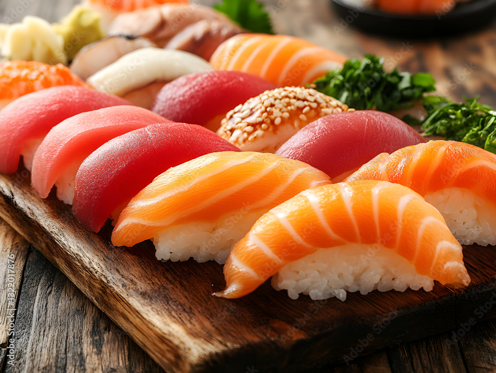 A delicate Japanese sushi platter with fresh tuna, salmon, and eel. A delicate Japanese sushi platter with fresh tuna, salmon, and eel.