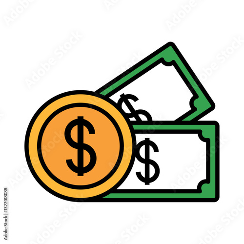 Vector image of banknotes and coins icon on white background