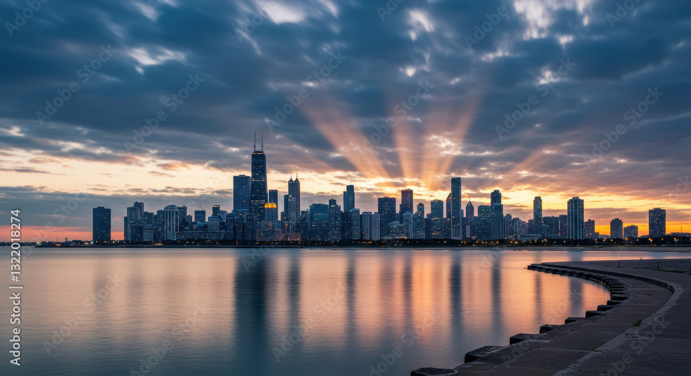** Chicago Skyline Sunrise: Breathtaking Lakefront View with Golden Rays & Cityscape Reflections. Captivating Dawn in the Windy City! ** Chicago Skyline Sunrise: Breathtaking Lakefront View with Golden Rays & Cityscape Reflections. Captivating Dawn in the Windy City!
