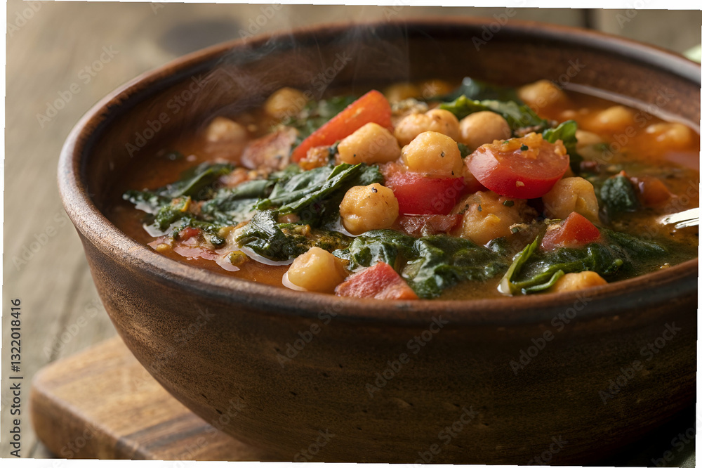 Freshly prepared chickpea stew with vegetables featuring spinach, tomato, and chickpeas served in a rustic bowl on wooden background