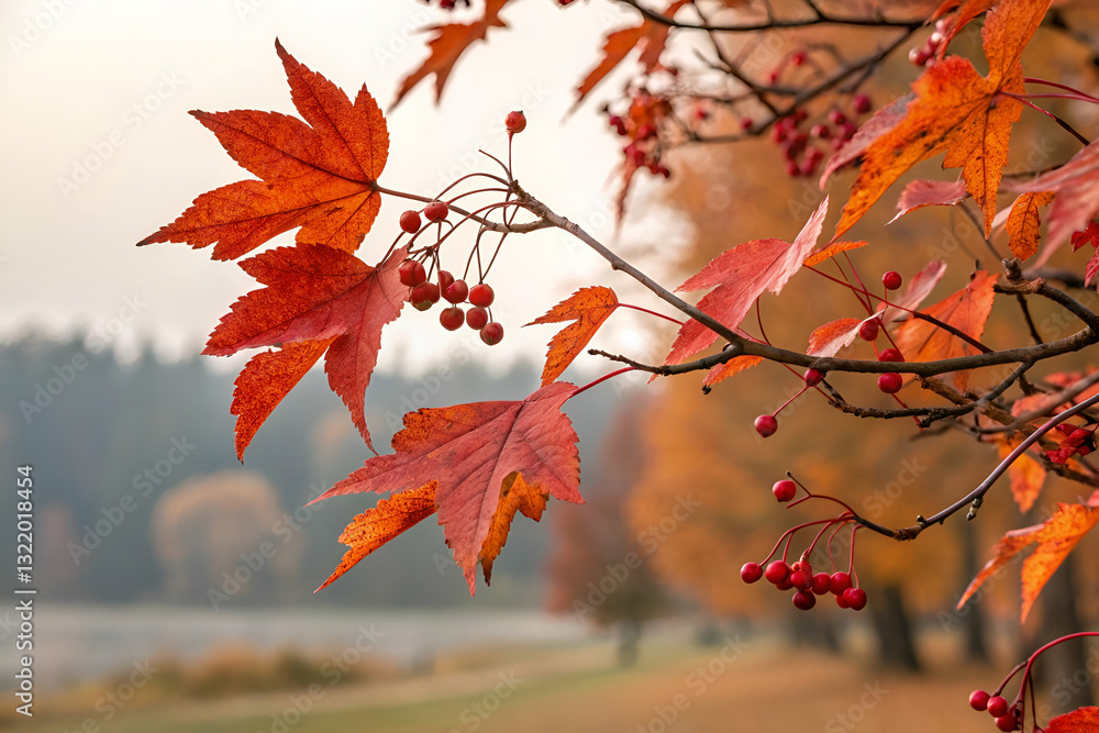 Vibrant Autumn Leaves with Deep Red Hues and Wild Berries Against a Soft Focus Background of Fall Colors in a Tranquil Natural Setting
