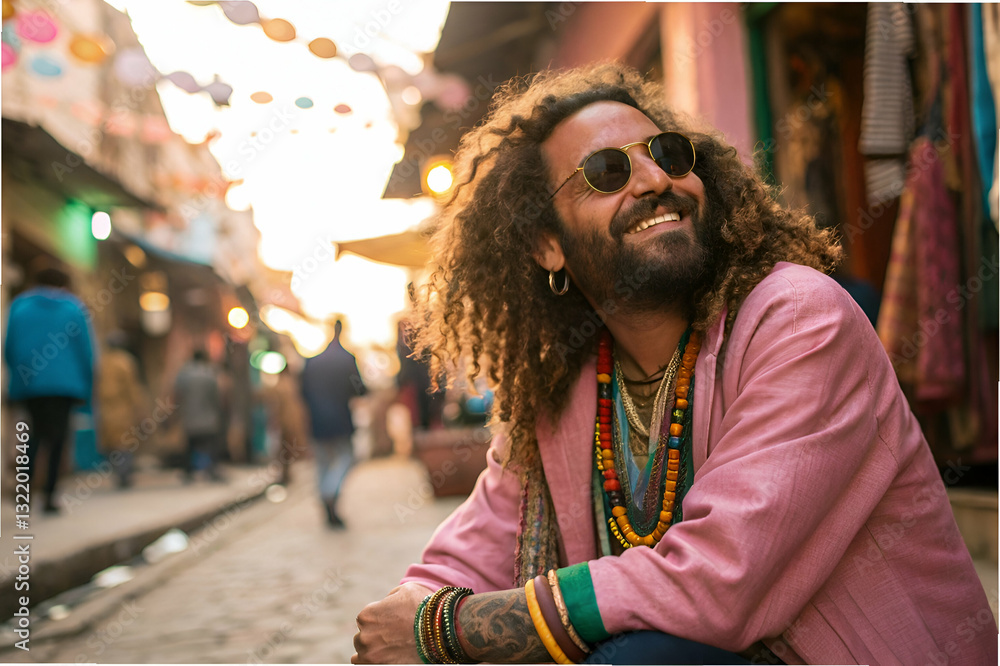 Man with curly hair wearing sunglasses and colorful beads smiles joyfully in a vibrant street market during sunset in an urban setting