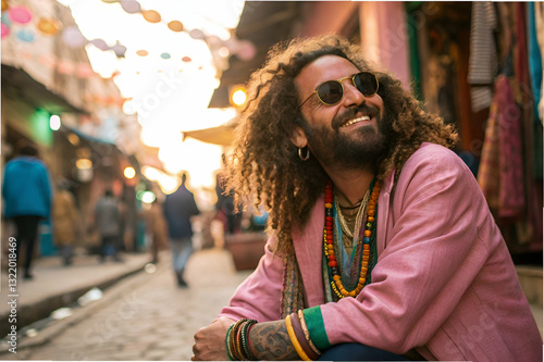 Obraz na płótnie Man with curly hair wearing sunglasses and colorful beads smiles joyfully in a vibrant street market during sunset in an urban setting w salonie