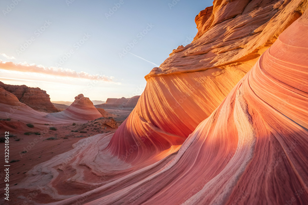 Majestic Sandstone Waves at Sunrise in the Desert with Stunning Orange and Pink Hue Layers Glowing in Natural Light Over Striking Landscape