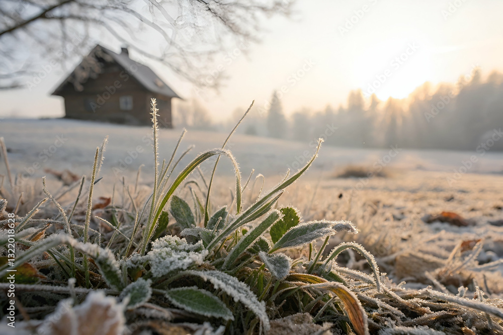 Frosty Grass and Beautiful Sunrise Over a Rustic House Surrounded by Trees in a Serene Winter Landscape in Early Morning Light