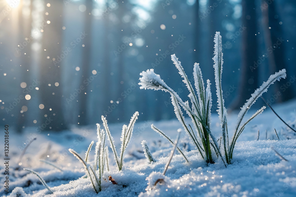 Frost-covered grass blades emerge through a blanket of snow in a serene winter forest with soft sunlight filtering through trees