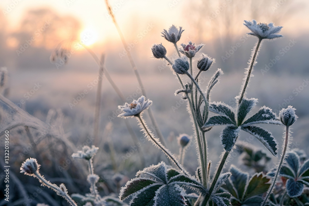 Frosty Flower Blossoms at Sunrise in a Serene Winter Landscape, Capturing Nature's Beauty with Glimmering Frost and Soft Morning Light Frosty Flower Blossoms at Sunrise in a Serene Winter Landscape, Capturing Nature's Beauty with Glimmering Frost and Soft Morning Light