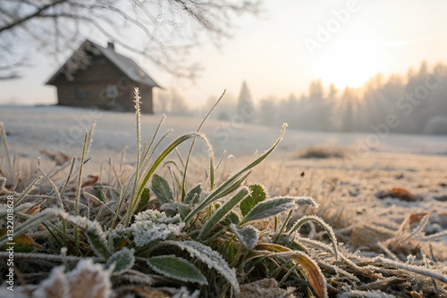 Obraz na płótnie Frosty Grass and Beautiful Sunrise Over a Rustic House Surrounded by Trees in a Serene Winter Landscape in Early Morning Light w salonie