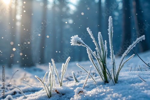 Obraz na płótnie Frost-covered grass blades emerge through a blanket of snow in a serene winter forest with soft sunlight filtering through trees w salonie