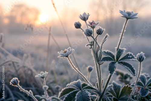 Obraz na płótnie Frosty Flower Blossoms at Sunrise in a Serene Winter Landscape, Capturing Nature's Beauty with Glimmering Frost and Soft Morning Light w salonie