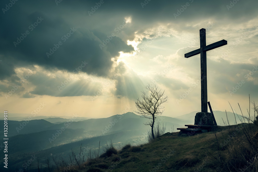 Wooden cross on a hillside under dramatic cloudy sky with rays of light shining through, capturing a serene and spiritual atmosphere in nature