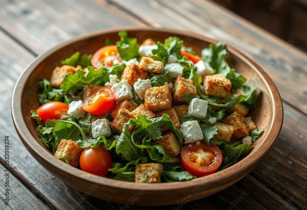 Mixed greens, tomatoes, croutons, and feta cheese in a wooden bowl on a wooden table Mixed greens, tomatoes, croutons, and feta cheese in a wooden bowl on a wooden table