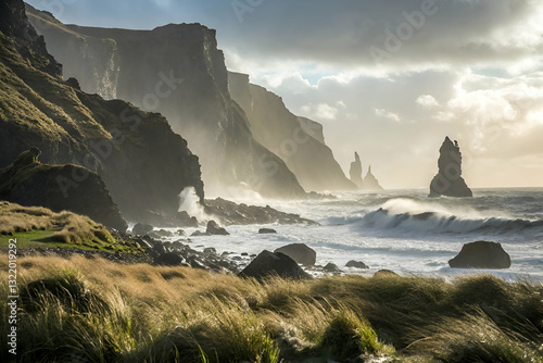 Majestic Coastal Landscape with Towering Cliffs, Rugged Shoreline, Dramatic Ocean Waves, and Grass-Laden Foreground Under Cloudy Sky