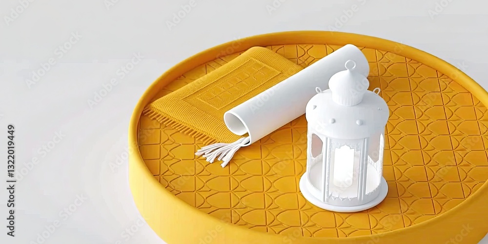 Fototapeta premium A vibrant yellow tray holds a white lantern and a folded towel, creating a cheerful and inviting decor setup