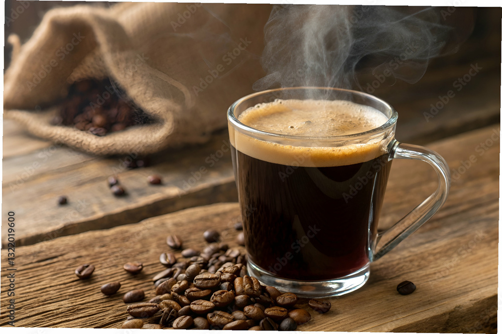Hot Fresh Brewed Coffee in Clear Glass Mug with Aromatic Steam Rising Over Roasted Coffee Beans on Rustic Wooden Surface