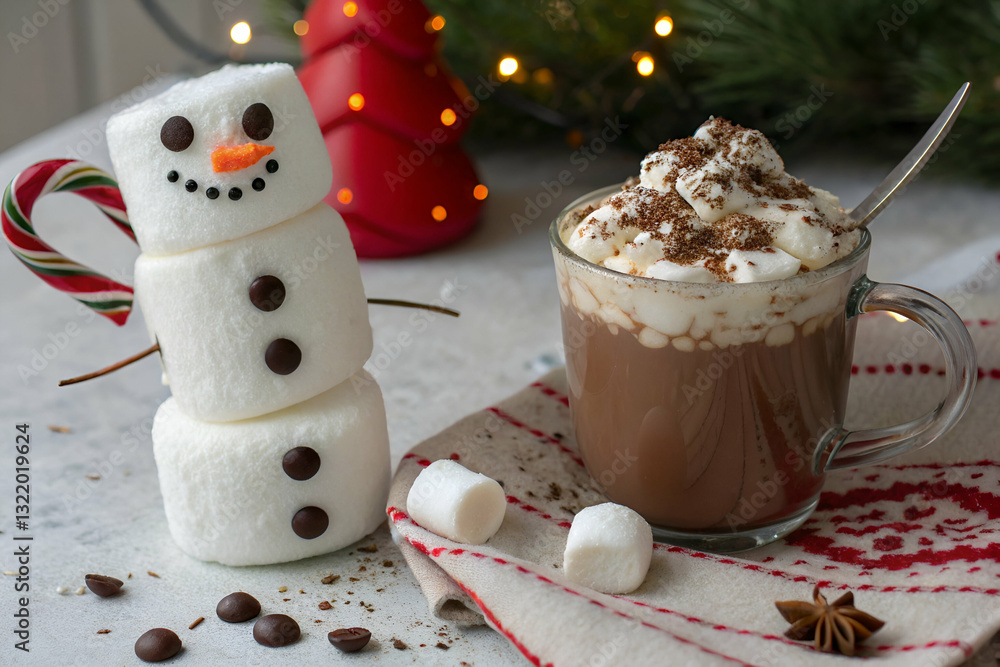Charming Winter Scene Featuring a Marshmallow Snowman and a Creamy Hot Chocolate with Whipped Topping, Decked with Holiday Decor and Coffee Beans