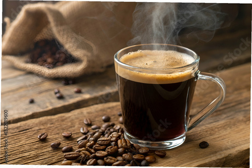 Obraz na płótnie Hot Fresh Brewed Coffee in Clear Glass Mug with Aromatic Steam Rising Over Roasted Coffee Beans on Rustic Wooden Surface w salonie