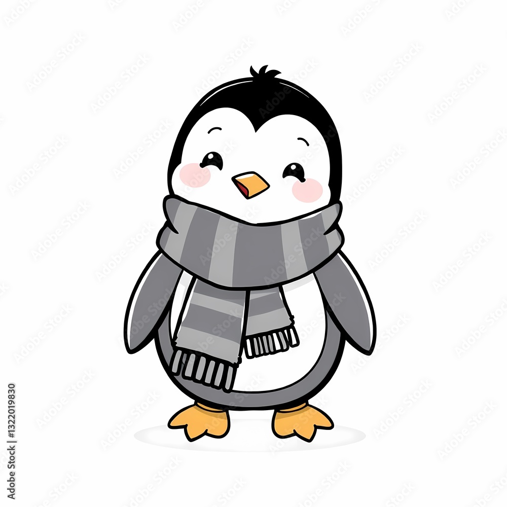Obraz premium Charming Penguin in Scarf: A cheerful penguin, adorned with a cozy striped scarf, exudes warmth and playfulness, perfectly suited for holiday greetings.
