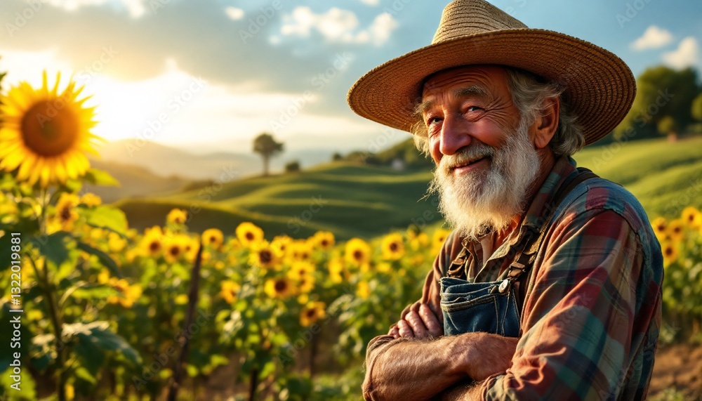 Fototapeta premium Smiling Farmer in a Sunflower Field at Sunset