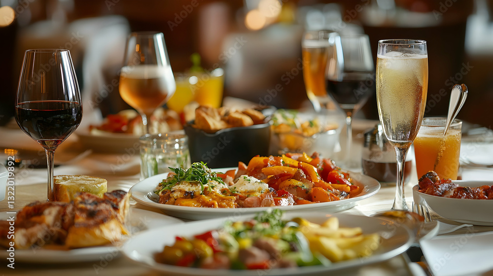 Dining table filled with an assortment of delicious food and drinks Dining table filled with an assortment of delicious food and drinks