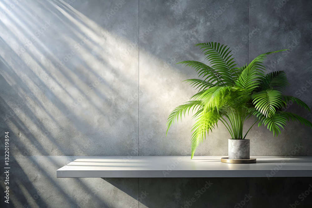 Elegant Indoor Plant with Radiant Sunlight in Modern Minimalist Setting Highlighting Texture of Gray Wall and Clean Design of Shelf