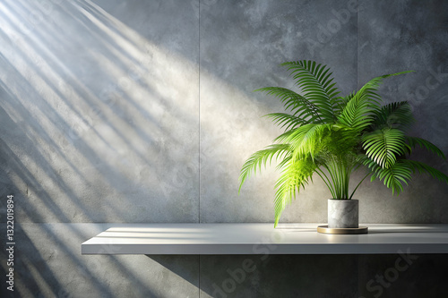 Obraz na płótnie Elegant Indoor Plant with Radiant Sunlight in Modern Minimalist Setting Highlighting Texture of Gray Wall and Clean Design of Shelf w salonie