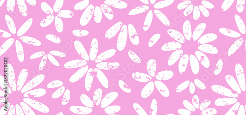 Groovy floral chalk seamless pattern, white daisy crayon background, summer chamomile baby print, cute spring flower bg, grunge pastel pink textile. Abstract naive watercolor vector illustration